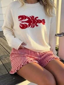 SHEIN 秋冬新款美式國旗印花針織毛衣長袖青少年女孩學院風寬鬆針織套頭上衣 - 米色 - 查看 9
