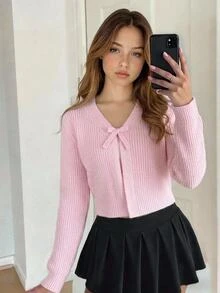 少女開襟衫，粉色長袖羅紋針織毛衣，適合春季、秋季、冬季，可搭配牛仔褲、外套、棉質大衣 - 粉色 - 查看 3