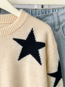 Tween Girls' Autumn/Winter Fashion Star Pattern Jacquard Khaki Knit Sweater Long Sleeve Pullover - Apricot - View 7