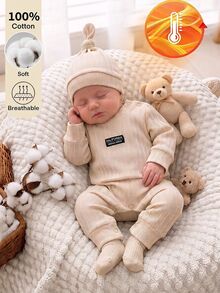 SHEIN Newborn Baby White Knitted Ribbed Long Sleeve Romper 2010 Open Crotch Crawler Suit With Hat Spring And Autumn 1 Month Milestones - Beige - View 3