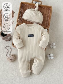 SHEIN Newborn Baby White Knitted Ribbed Long Sleeve Romper 2010 Open Crotch Crawler Suit With Hat Spring And Autumn 1 Month Milestones - Beige - View 6