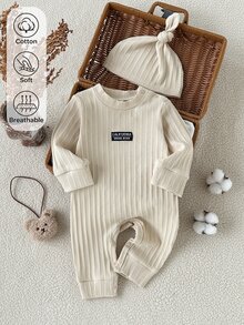 SHEIN Newborn Baby White Knitted Ribbed Long Sleeve Romper 2010 Open Crotch Crawler Suit With Hat Spring And Autumn 1 Month Milestones - Beige - View 4