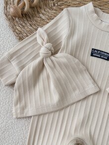 SHEIN Newborn Baby White Knitted Ribbed Long Sleeve Romper 2010 Open Crotch Crawler Suit With Hat Spring And Autumn 1 Month Milestones - Beige - View 8