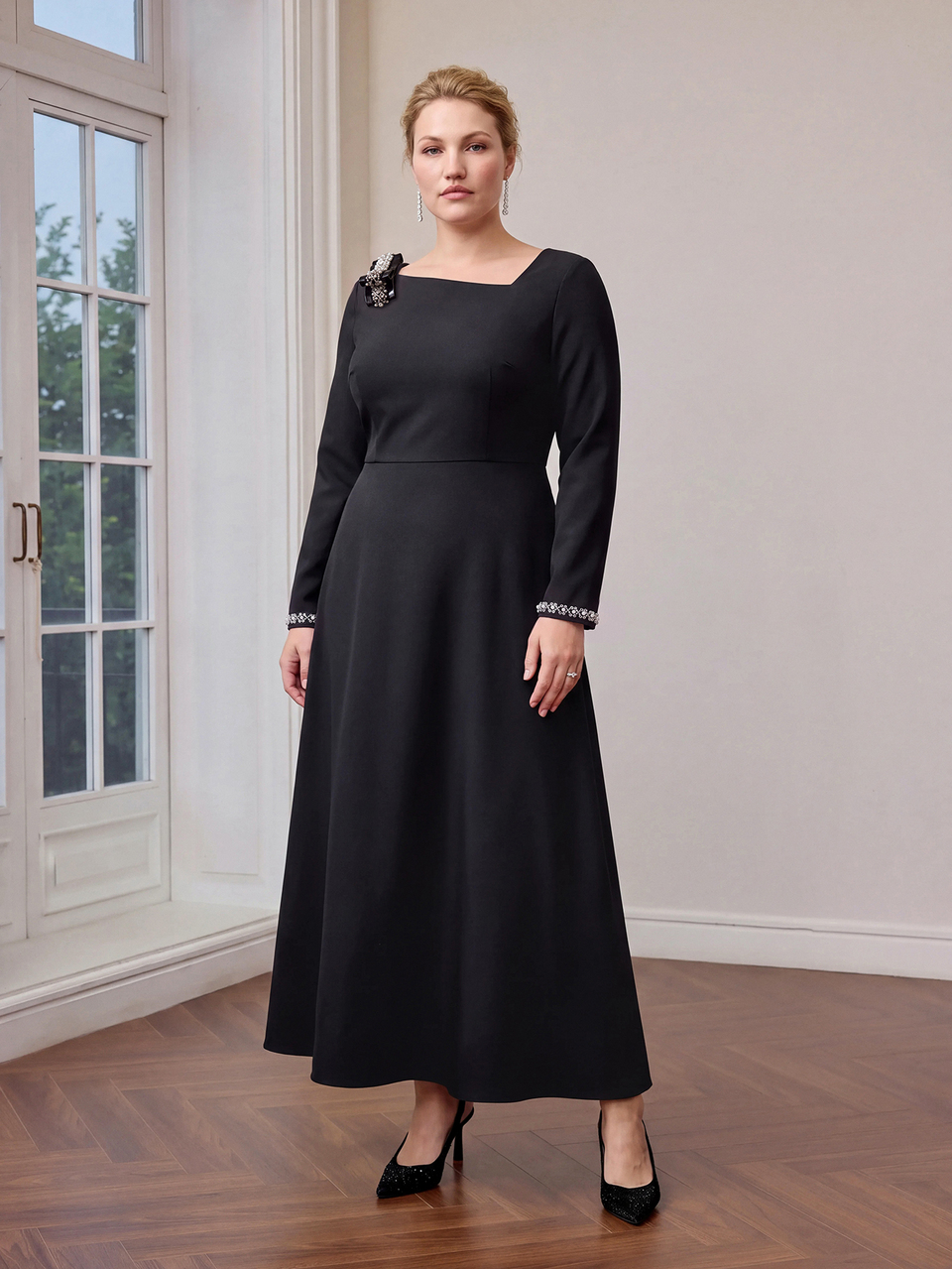 MOTF PLUS SIZE WOMEN ASYMMETRICAL COLLAR BOWKNOT DECOR SLIM FIT AUTUMN WINTER DRESS