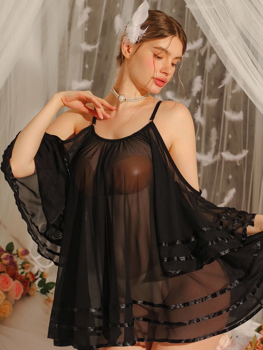 DelicateAllure فستان نوم نسائي بوهيمي أسود بطبقات كشكشة وشبكة مرقعة لمهرجان الموسيقى والحفلات والزفاف والعطلات - الأسود - مشاهدة 1