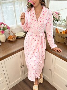 Snug Reverie Romantic Fresh Women's Plush Pink Striped Heart Print Long Robe, Autumn/Winter - Multicolor - View 7