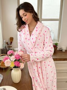 Snug Reverie Romantic Fresh Women's Plush Pink Striped Heart Print Long Robe, Autumn/Winter - Multicolor - View 3