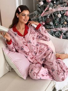 SweetSlumber Set Piyama Wanita Pink dengan Kerah Lapel Rajut Motif Pita Permen Natal Manis dan Kepingan Salju - Berwarna merah muda - View 6