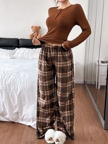 Napfluff Women's Vintage Casual Ins Plaid Print Comfortable Button Knit Top & Fuzzy Pajama Pants Sleepwear Set - Brown - View 2