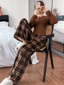 Napfluff Women's Vintage Casual Ins Plaid Print Comfortable Button Knit Top & Fuzzy Pajama Pants Sleepwear Set - Brown - View 1
