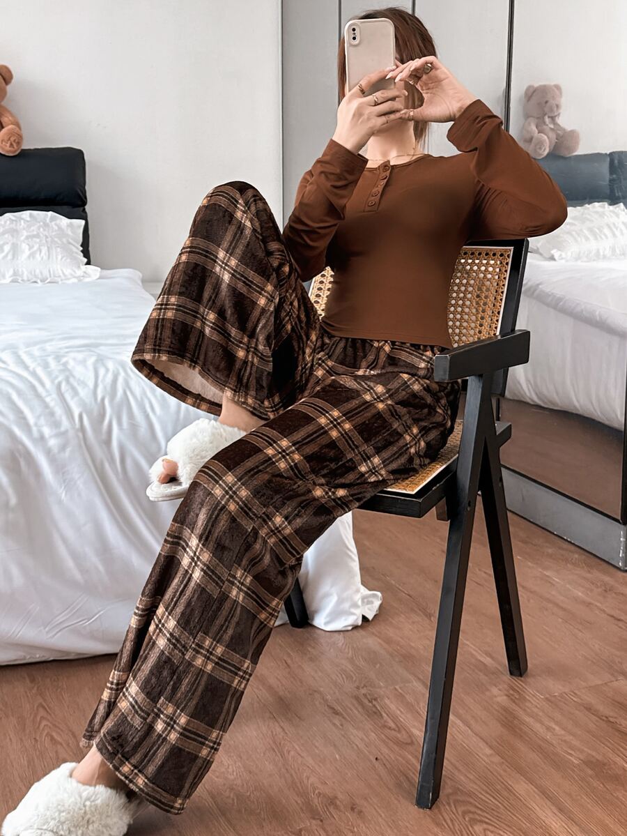 Napfluff Women's Vintage Casual Ins Plaid Print Comfortable Button Knit Top & Fuzzy Pajama Pants Sleepwear Set - Brown - View 1