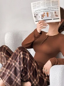 Napfluff Women's Vintage Casual Ins Plaid Print Comfortable Button Knit Top & Fuzzy Pajama Pants Sleepwear Set - Brown - View 3