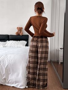 Napfluff Women's Vintage Casual Ins Plaid Print Comfortable Button Knit Top & Fuzzy Pajama Pants Sleepwear Set - Brown - View 4