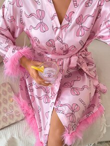 SweetSlumber Jubah Wanita Satin dengan Hiasan Bulu Merah Muda dan Pita Natal Romantis Manis - Berwarna merah muda - View 2