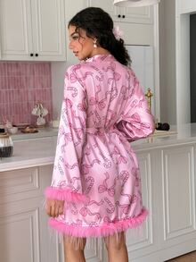 SweetSlumber Jubah Wanita Satin dengan Hiasan Bulu Merah Muda dan Pita Natal Romantis Manis - Berwarna merah muda - View 4