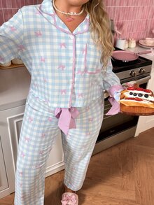 Slumberry CURVE Plus Size Cute Bow Print Top And Plaid Pants Pajama Set - Multicolor - View 4
