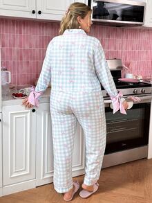 Slumberry CURVE Plus Size Cute Bow Print Top And Plaid Pants Pajama Set - Multicolor - View 2