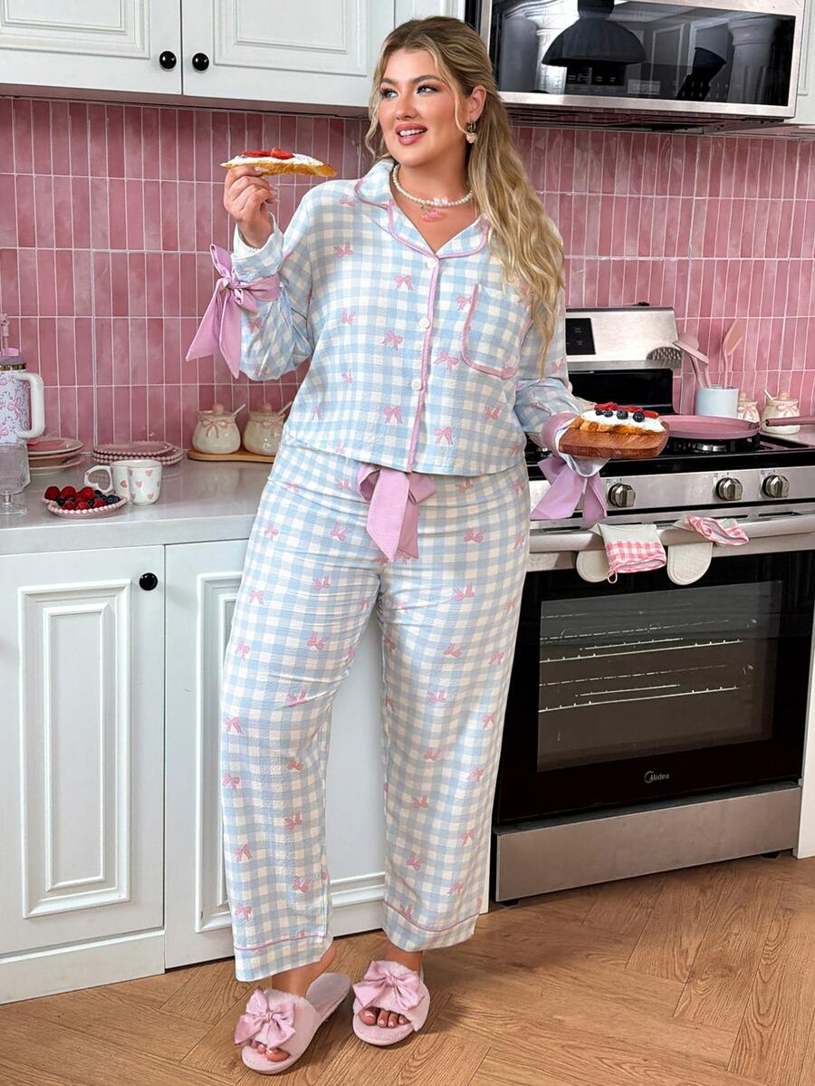 Slumberry CURVE Plus Size Cute Bow Print Top And Plaid Pants Pajama Set - Multicolor - View 1
