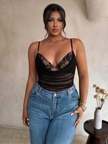 Firerie Plus Size Women Contrast Lace Mesh Ruched Sexy Camisole Elegant Party Bodysuit Women Daily Going Out Vacation Outfits For Women Elegant Lace Bodysuit - Black - View 2