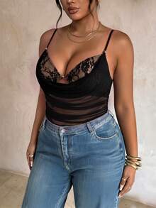 Firerie Plus Size Women Contrast Lace Mesh Ruched Sexy Camisole Elegant Party Bodysuit Women Daily Going Out Vacation Outfits For Women Elegant Lace Bodysuit - Black - View 5