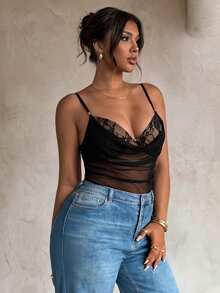 Firerie Plus Size Women Contrast Lace Mesh Ruched Sexy Camisole Elegant Party Bodysuit Women Daily Going Out Vacation Outfits For Women Elegant Lace Bodysuit - Black - View 4