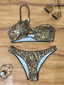Oceva Women's Sexy Leopard Print Beaded Ruffle One-Shoulder Bikini Set, Spring/Summer/Autumn Beach Vacation Leopard Bikini Leopard Swimwear - Pale Yellow - View 4
