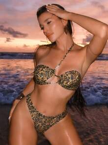 Oceva Women's Sexy Leopard Print Beaded Ruffle One-Shoulder Bikini Set, Spring/Summer/Autumn Beach Vacation Leopard Bikini Leopard Swimwear - Pale Yellow - View 2