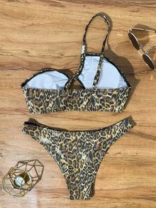Oceva Women's Sexy Leopard Print Beaded Ruffle One-Shoulder Bikini Set, Spring/Summer/Autumn Beach Vacation Leopard Bikini Leopard Swimwear - Pale Yellow - View 6