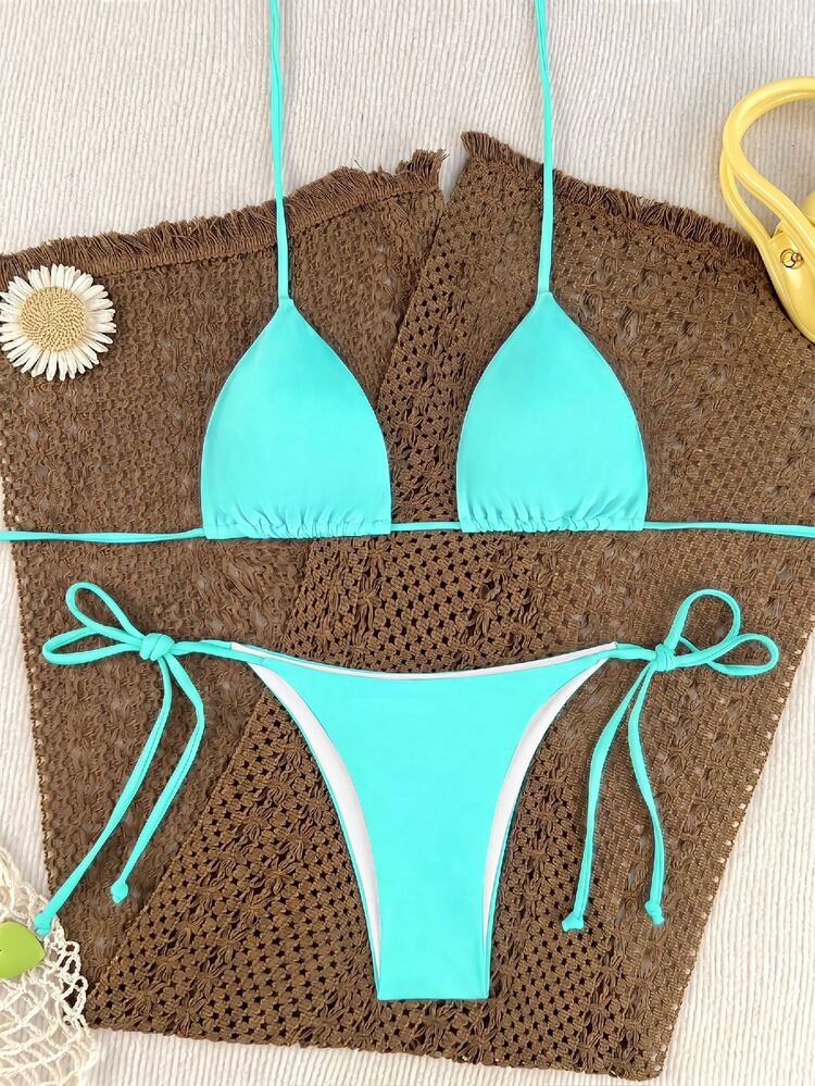 Oceva Women's Summer Beach Solid Color Halter Neck Tie Sexy Fashion Bikini Two-Piece Swimwear Set - Mint Blue - View 2