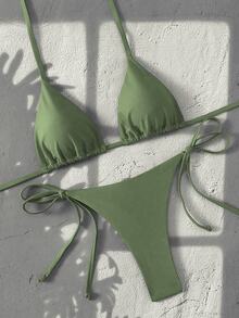 SHEIN Swim Basics Women's Summer Vacation Solid Color Halter Tie Backless Sexy Thong Bikini Set - Green - View 4