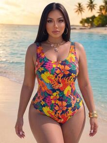 SHEIN Swim 大尺碼一件式泳衣，夏季海灘度假豹紋露背一件式泳衣，海軍藍熱帶性感風 - 彩色 - 查看 2