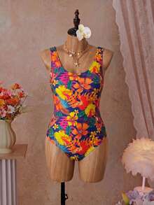 SHEIN Swim 大尺碼一件式泳衣，夏季海灘度假豹紋露背一件式泳衣，海軍藍熱帶性感風 - 彩色 - 查看 3