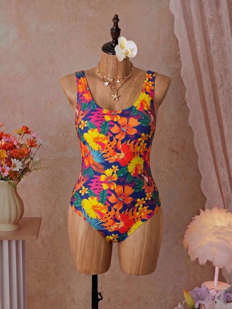 SHEIN Swim Plus Size One-Piece Swimsuit, Summer Beach Vacation Vacation Vacation Leopard Print Backless One-Piece Swimsuit Navy Blue Tropical Sexy Tropical - Multicolor - View 3