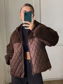 DAZY Women's Solid Color Long Sleeve Zipper Front Casual Winter Jacket - Coffee Brown - View 6