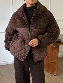 DAZY Women's Solid Color Long Sleeve Zipper Front Casual Winter Jacket - Coffee Brown - View 3