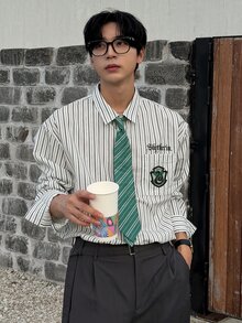 DAZY Spring/Autumn Long Sleeve Collegiate Style Letter Print Green & White Striped Shirt With Green Striped Tie, Commuter Men's Shirt - Green - View 4