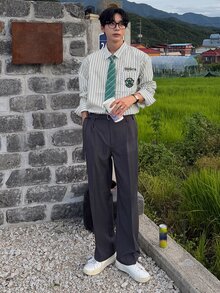 DAZY Spring/Autumn Long Sleeve Collegiate Style Letter Print Green & White Striped Shirt With Green Striped Tie, Commuter Men's Shirt - Green - View 3