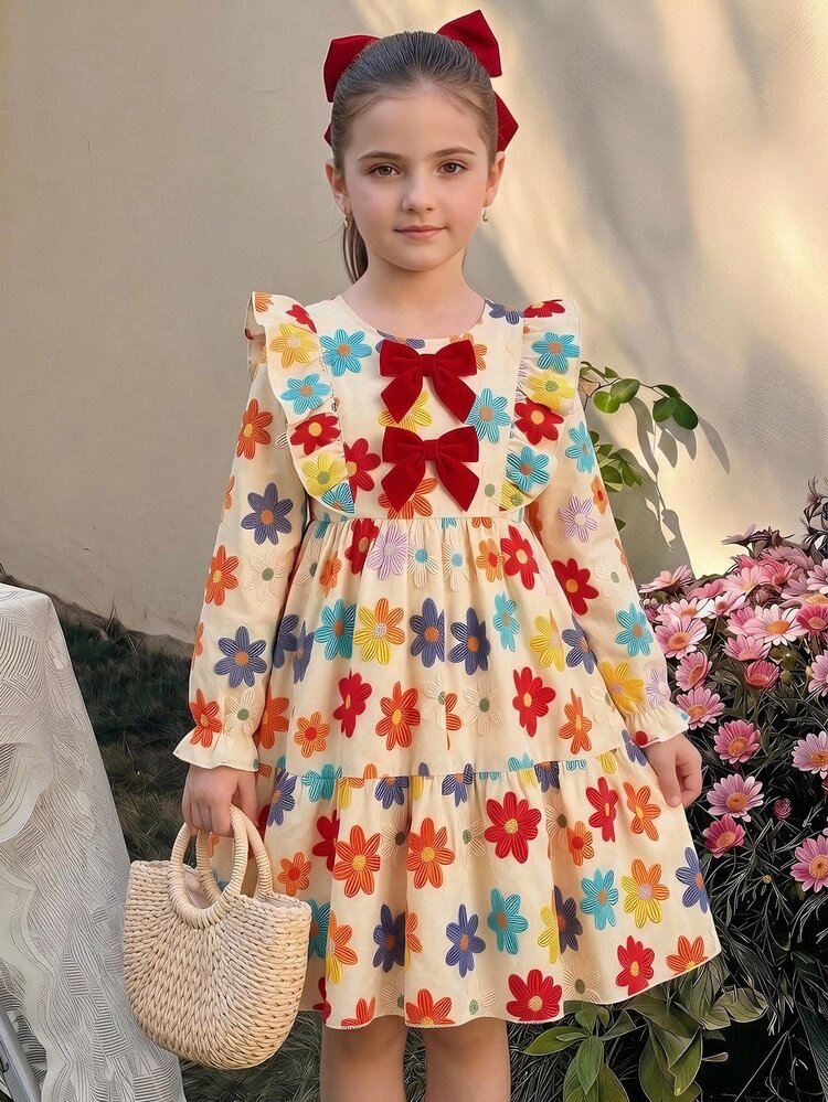 SHEIN Tween Girl Girls Dress With Invisible Back Zipper, Ruffle Collar, Color Block Bow, Red - Multicolor - View 6