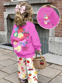 THE HAPPY LOOK Young Girl Cute Nordic Style Dopamine Fun Fruit & Floral Pattern, Casual Loose Drop Shoulder Long Sleeve Sweatshirt & Pleated Wide Leg Sweatpants Set With Fleece Lining - Multicolor - View 3