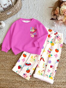 THE HAPPY LOOK Young Girl Cute Nordic Style Dopamine Fun Fruit & Floral Pattern, Casual Loose Drop Shoulder Long Sleeve Sweatshirt & Pleated Wide Leg Sweatpants Set With Fleece Lining - Multicolor - View 9