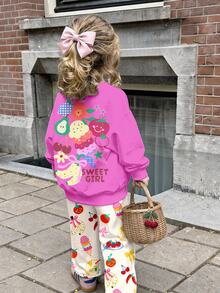 THE HAPPY LOOK Young Girl Cute Nordic Style Dopamine Fun Fruit & Floral Pattern, Casual Loose Drop Shoulder Long Sleeve Sweatshirt & Pleated Wide Leg Sweatpants Set With Fleece Lining - Multicolor - View 6