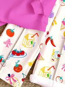 THE HAPPY LOOK Young Girl Cute Nordic Style Dopamine Fun Fruit & Floral Pattern, Casual Loose Drop Shoulder Long Sleeve Sweatshirt & Pleated Wide Leg Sweatpants Set With Fleece Lining - Multicolor - View 10