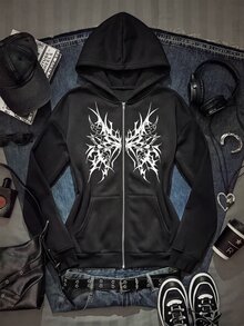 SHEIN 青少年女孩秋冬時尚街頭風深色印花連帽拉鍊夾克，加厚抓絨內裡大廓形口袋運動外套，萬聖節日常穿搭 - 黑色 - 查看 2