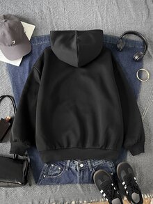 SHEIN 青少年女孩秋冬時尚街頭風深色印花連帽拉鍊夾克，加厚抓絨內裡大廓形口袋運動外套，萬聖節日常穿搭 - 黑色 - 查看 3