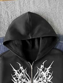 SHEIN 青少年女孩秋冬時尚街頭風深色印花連帽拉鍊夾克，加厚抓絨內裡大廓形口袋運動外套，萬聖節日常穿搭 - 黑色 - 查看 5