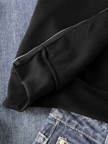 SHEIN 青少年女孩秋冬時尚街頭風深色印花連帽拉鍊夾克，加厚抓絨內裡大廓形口袋運動外套，萬聖節日常穿搭 - 黑色 - 查看 6