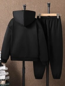 SHEIN 男童寬鬆休閒運動簡約舒適酷風蜘蛛運動風紅色街頭風簡單圖案寬鬆舒適長袖連帽衛衣2件套，適合秋冬 - 黑色 - 查看 3