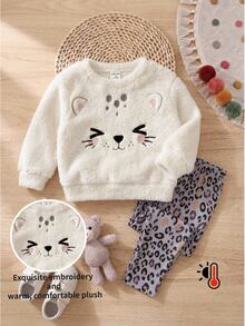 SHEIN Baby Girl Knitted Solid Color Faux Fur Cartoon Pattern Crew Neck Sweatshirt & Leopard Print Autumn Winter Pants 2 Pieces Set - Multicolor - View 5