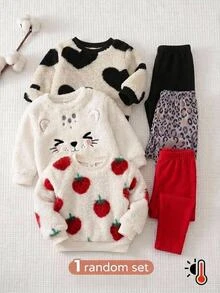 SHEIN Baby Girl Knitted Solid Color Faux Fur Cartoon Pattern Crew Neck Sweatshirt & Leopard Print Autumn Winter Pants 2 Pieces Set - Multicolor - View 1