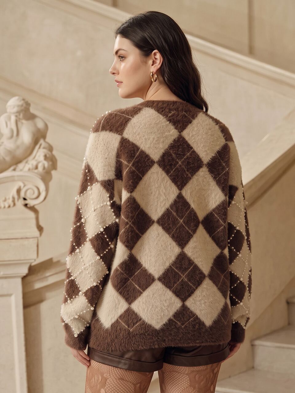 Chaqueta de punto tipo cárdigan con cuello en V, bloques de color café y albaricoque, perlas y piel sintética de visón, talla grande para mujer, otoño/invierno